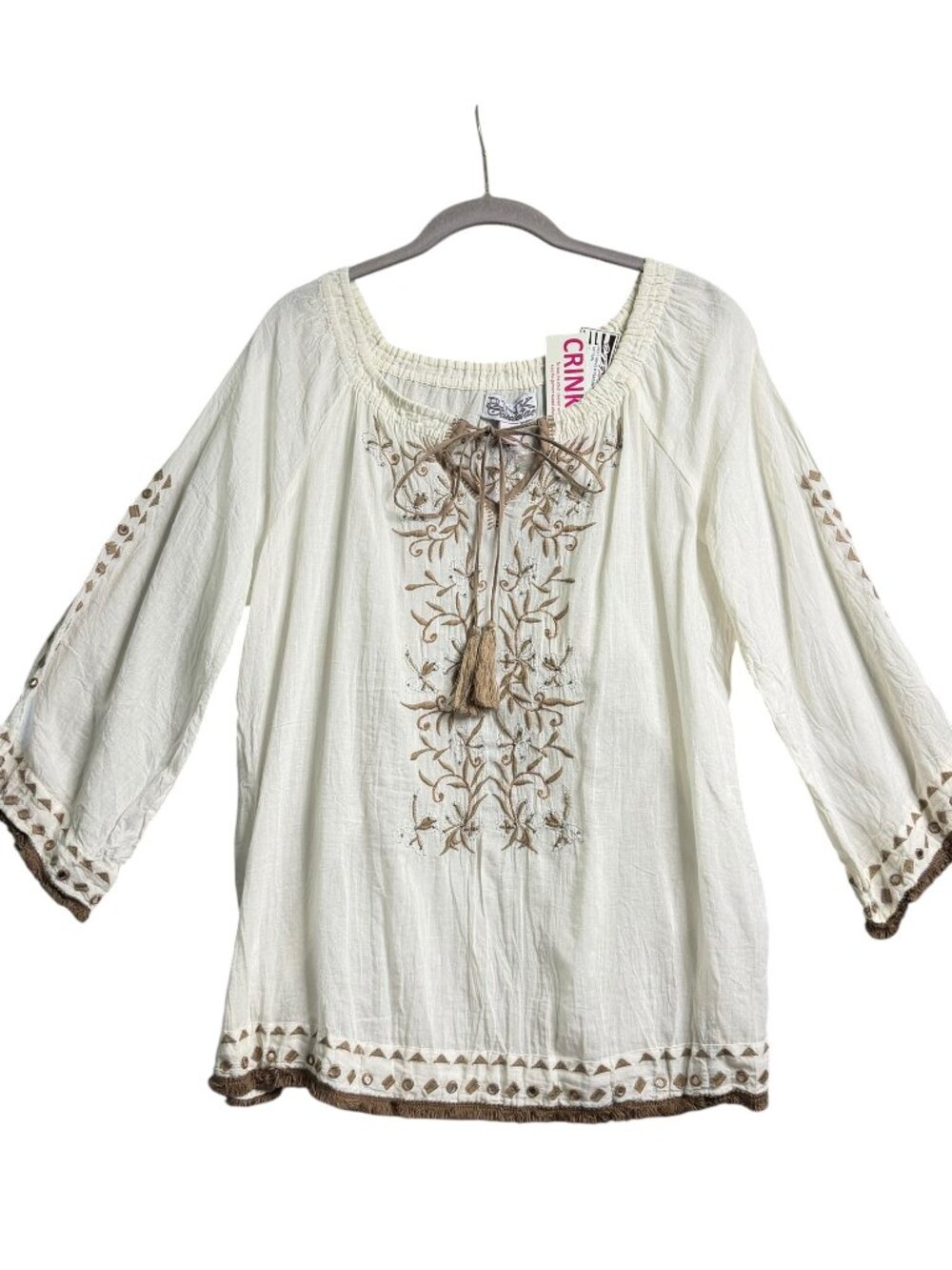 Pink Cattlelac Ivory & Tan Cotton Peasant Crinkle Blouse